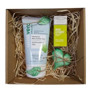 Ciprus férfi ajándékcsomag illóolajjal és Aloe Vera izomrelaxáló géllel – VITALUX kézműves wellness box
