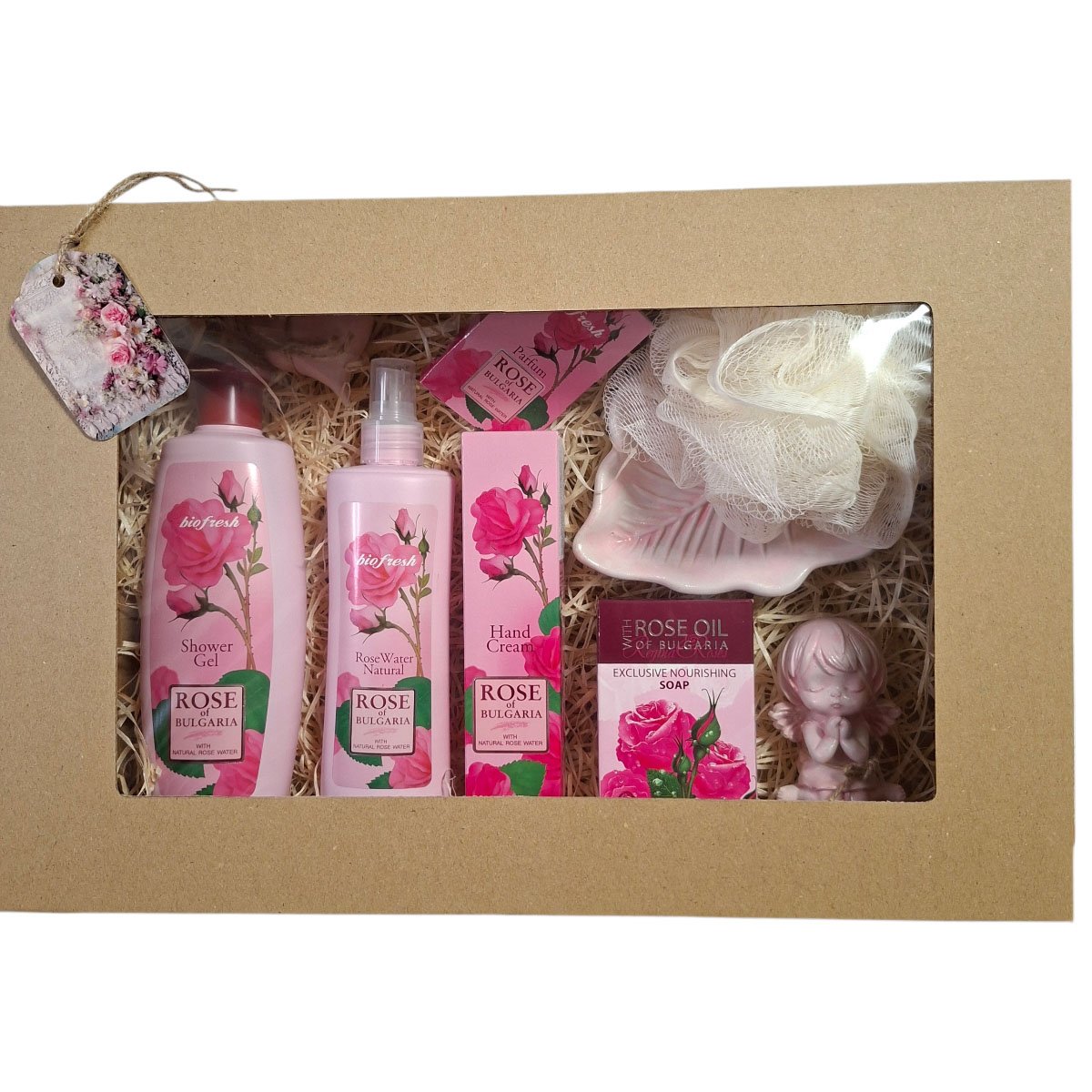 Elegáns kraft díszdoboz rózsás wellness termékekkel – nőknek tökéletes ajándék