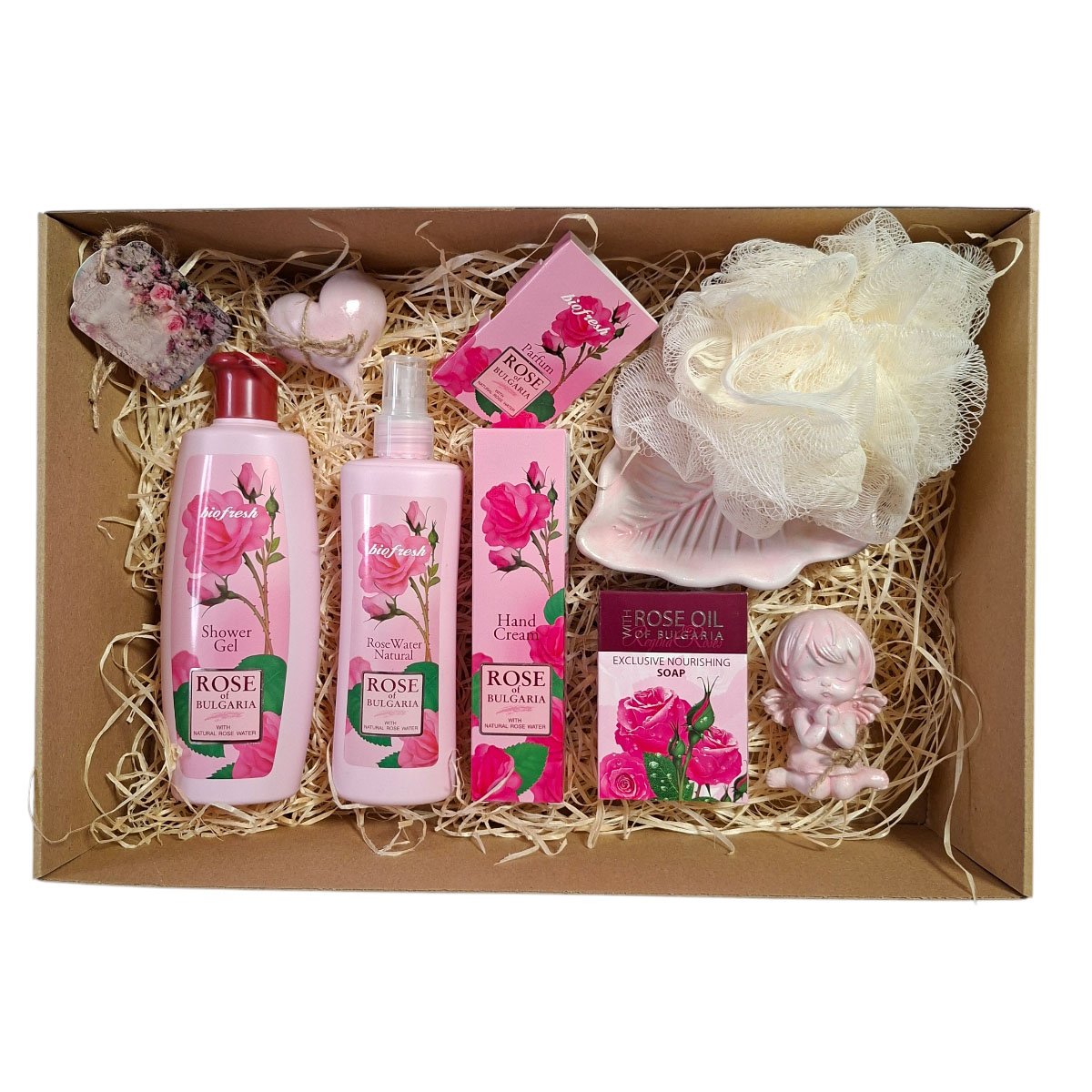 Rózsás kozmetikumokkal teli prémium ajándékdoboz felülnézetben – VITALUX Rózsaliget kollekció