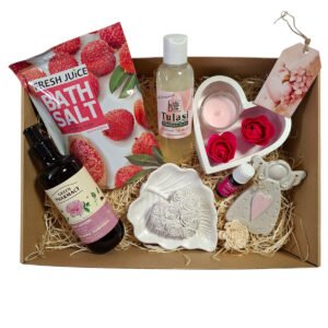 Rózsás és licsis női kényeztető csomag – testápoló, fürdőbalzsam, illóolaj és kerámia díszek