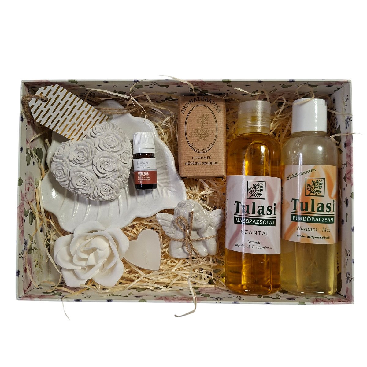 Szantálfás masszázsolaj és narancs-méz fürdőbalzsam prémium ajándékdobozban – wellness otthon