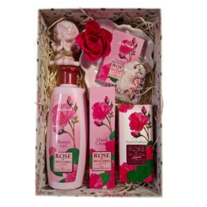Bolgár rózsás luxus szépségápolási szett – tusfürdő, kézkrém, parfüm és kézműves kerámia díszek
