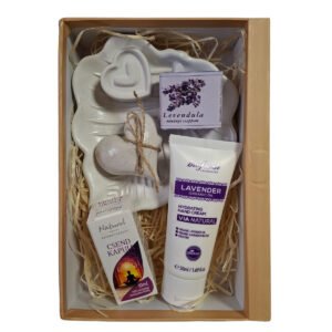 Levendulás relaxációs wellness csomag – fürdőtermékek, illóolaj és stresszoldó kiegészítők díszdobozban