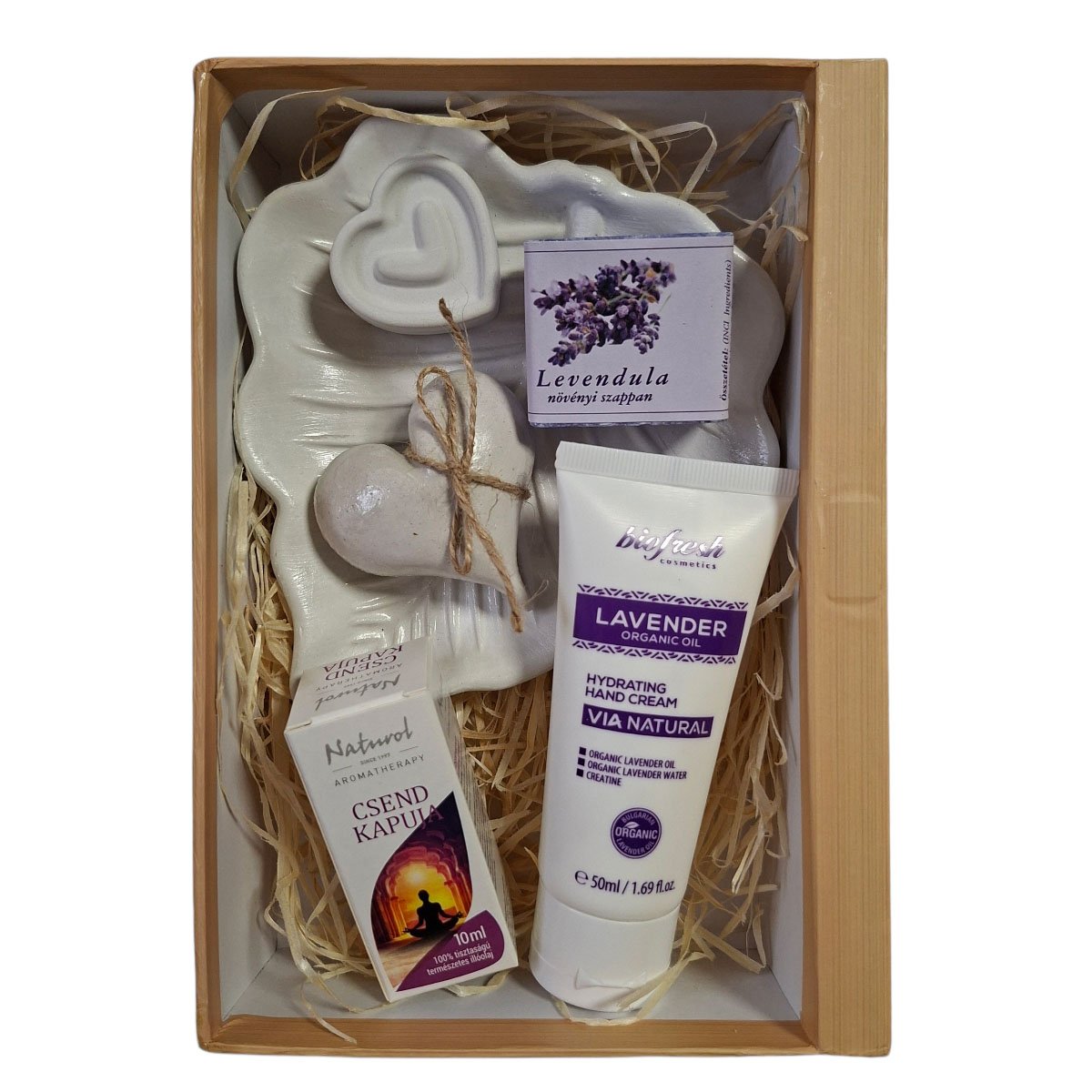 Levendulás relaxációs wellness csomag – fürdőtermékek, illóolaj és stresszoldó kiegészítők díszdobozban